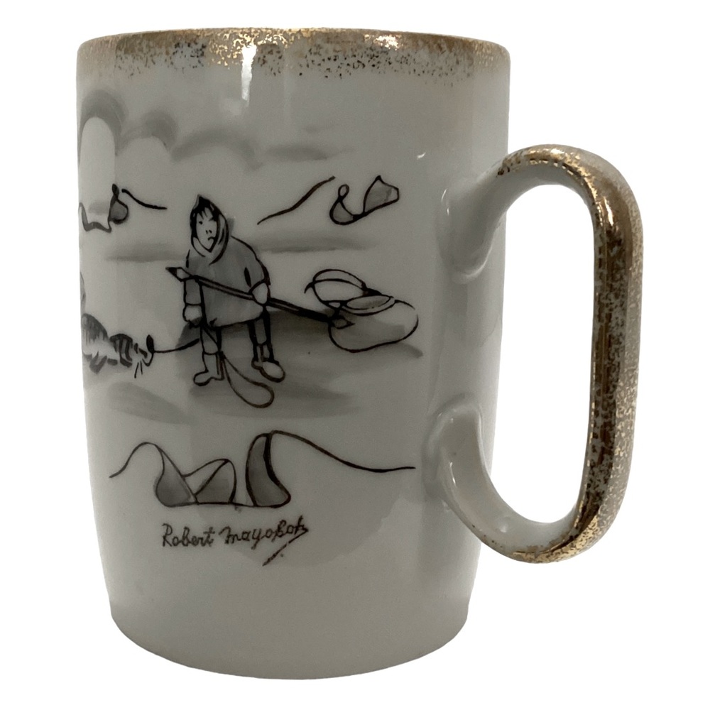 Robert Mayokok Mug Eskimo Inuit Life Scene Seal Hunter Pulling Seal Signed
